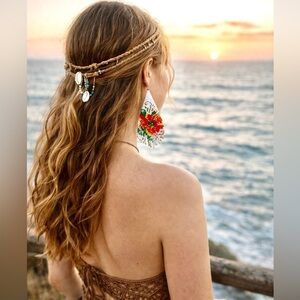 Beautiful beaded long dangle earrings red flower sterling wires gardening